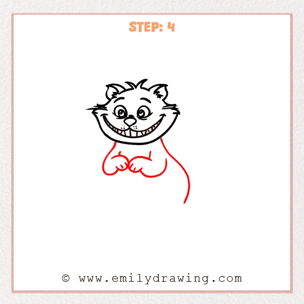 how to draw a cheshire cat - Cheshire Cat head now connects to a rounded body outline with two small front paws folded together under the grin.